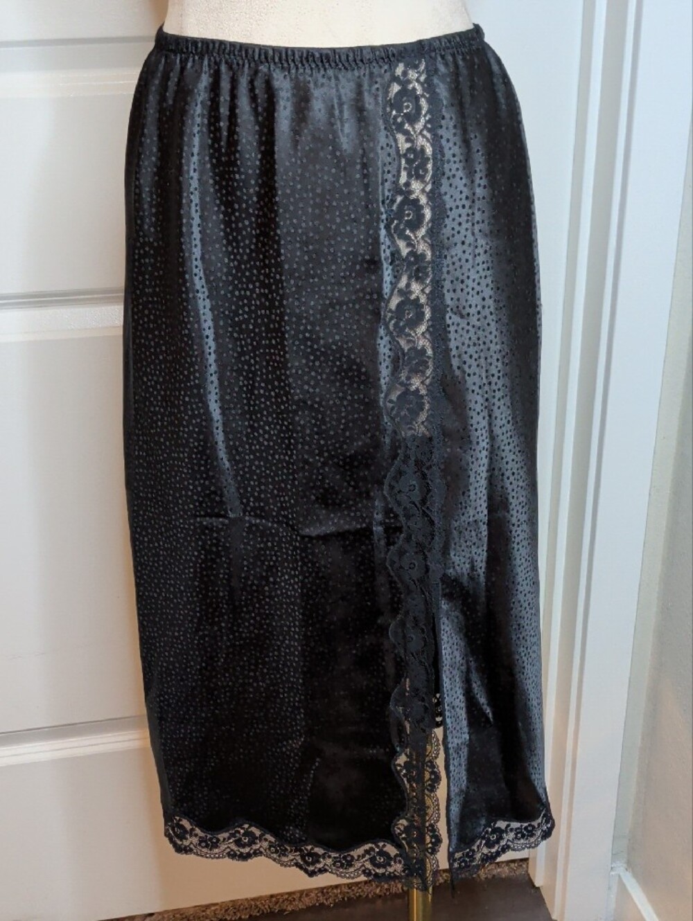 Vintage 70s Christian Dior Black Satin Midi Slip with Lace Panel Sz Small